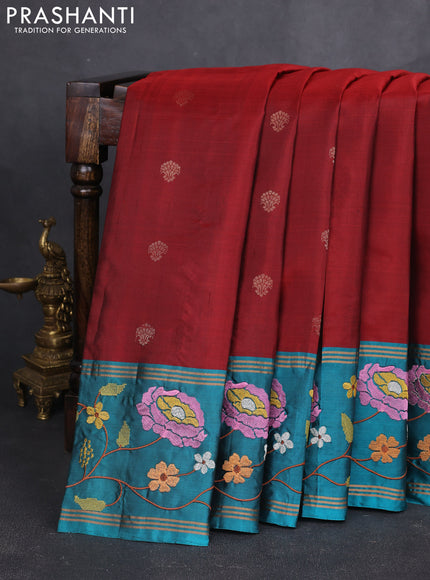 Pure soft silk saree red and teal blue shade with zari woven buttas and zari woven embroidery border