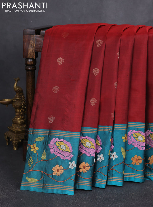Pure soft silk saree red and teal blue shade with zari woven buttas and zari woven embroidery border