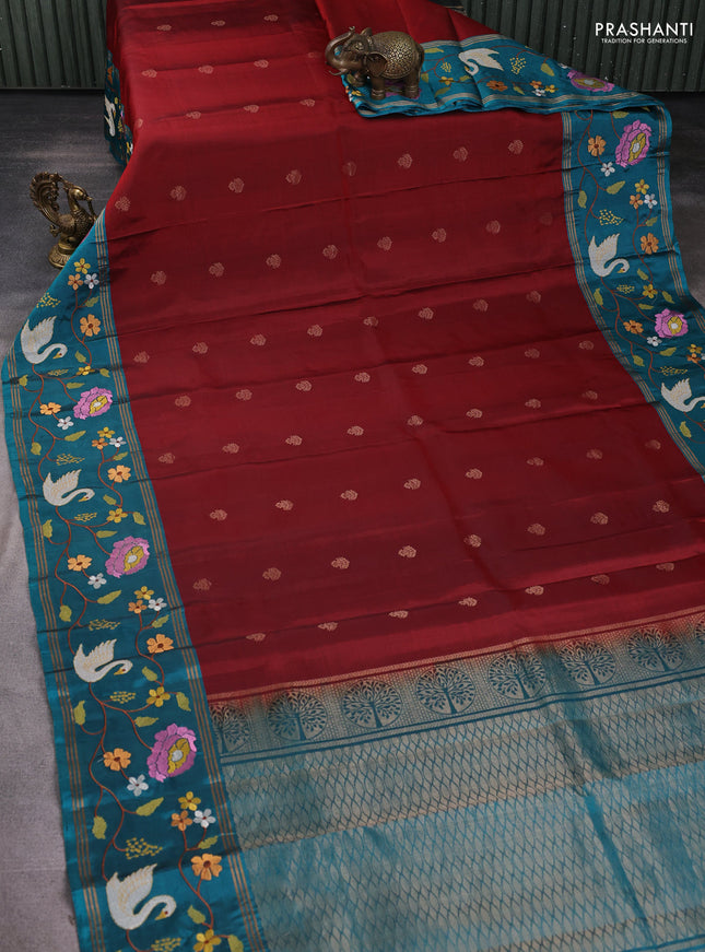 Pure soft silk saree red and teal blue shade with zari woven buttas and zari woven embroidery border