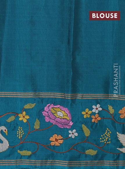 Pure soft silk saree red and teal blue shade with zari woven buttas and zari woven embroidery border