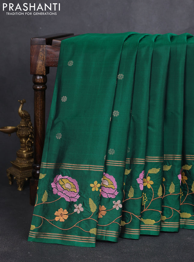 Pure soft silk saree green with zari woven buttas and zari woven embroidery border