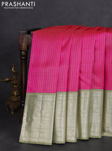 Pure kanchipuram silk saree pink and pastel green with allover zari checks & self emboss and long annam zari woven korvai border