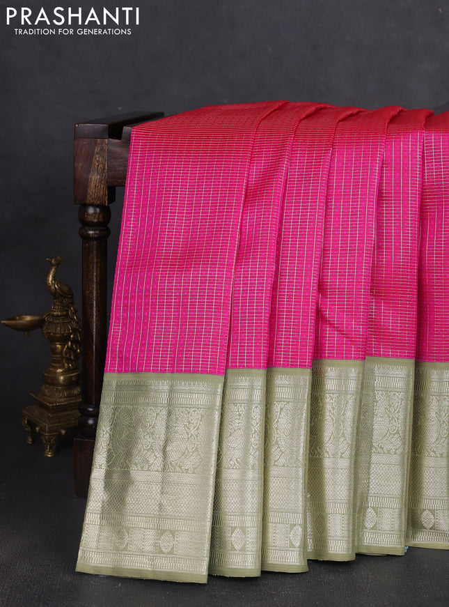 Pure kanchipuram silk saree pink and pastel green with allover zari checks & self emboss and long annam zari woven korvai border