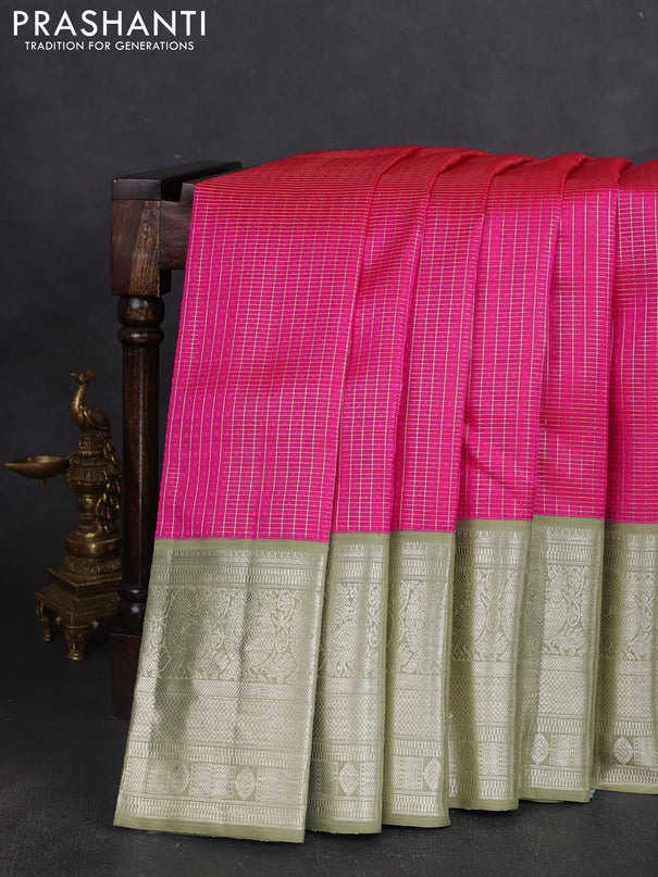 Pure kanchipuram silk saree pink and pastel green with allover zari checks & self emboss and long annam zari woven korvai border