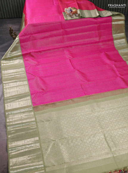 Pure kanchipuram silk saree pink and pastel green with allover zari checks & self emboss and long annam zari woven korvai border