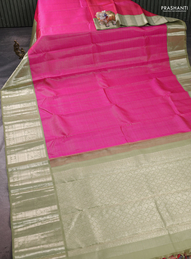 Pure kanchipuram silk saree pink and pastel green with allover zari checks & self emboss and long annam zari woven korvai border