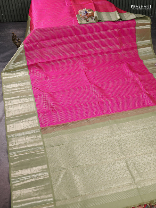 Pure kanchipuram silk saree pink and pastel green with allover zari checks & self emboss and long annam zari woven korvai border