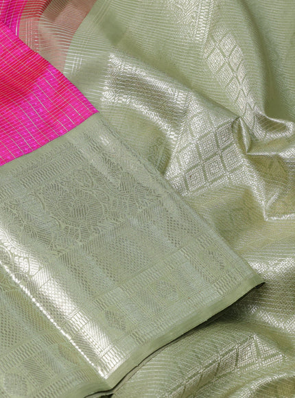 Pure kanchipuram silk saree pink and pastel green with allover zari checks & self emboss and long annam zari woven korvai border