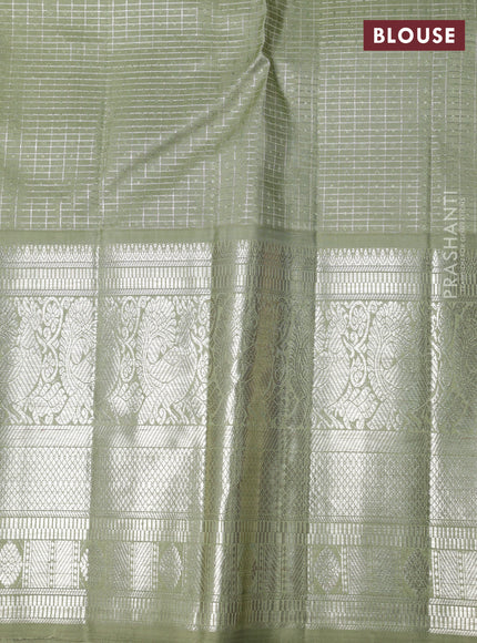 Pure kanchipuram silk saree pink and pastel green with allover zari checks & self emboss and long annam zari woven korvai border