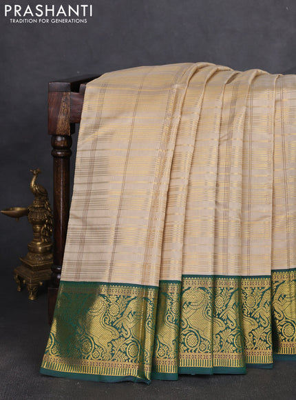 Pure kanchipuram silk saree beige and green with allover zari woven checked pattern and rich zari woven border