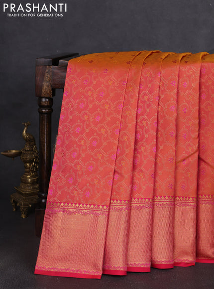 Pure kanchipuram silk saree dual shade of pinkish orange and pink with allover zari woven brocade weaves and rich zari woven border