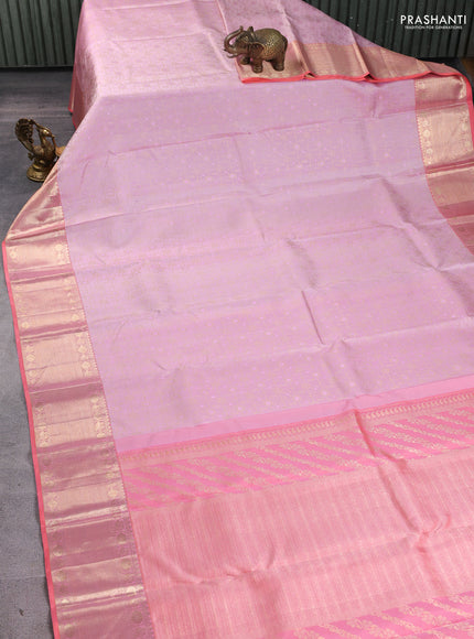 Pure kanchipuram silk saree mild lavender and peach pink with allover zari woven brocade weaves and rich zari woven border