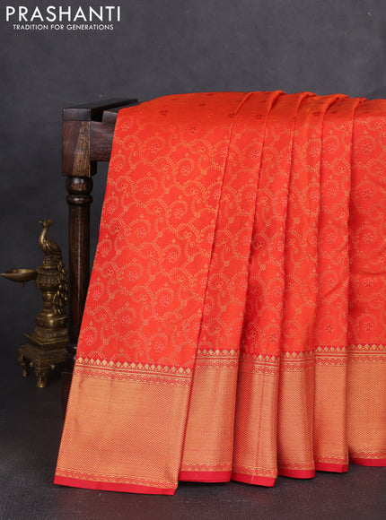 Pure kanchipuram silk saree orange and red with allover zari woven brocade weaves and rich zari woven border