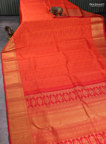 Pure kanchipuram silk saree orange and red with allover zari woven brocade weaves and rich zari woven border