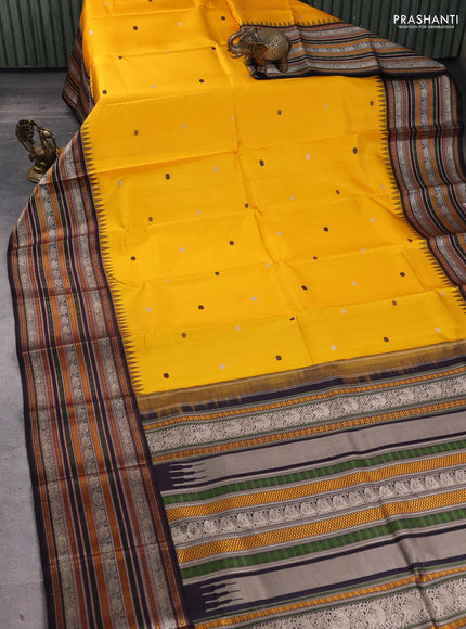 Pure kanchipuram silk saree yellow and deep jamun with thread woven buttas and long temple design thread woven border
