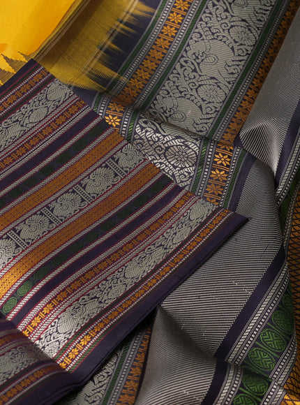 Pure kanchipuram silk saree yellow and deep jamun with thread woven buttas and long temple design thread woven border
