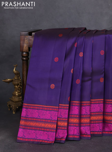 Pure kanchipuram silk saree dark blue with thread woven buttas and annam thread woven border