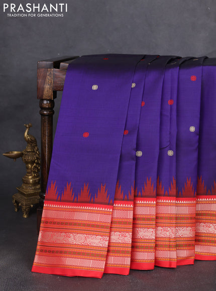 Pure kanchipuram silk saree blue and orange with thread woven buttas and long temple design thread woven border