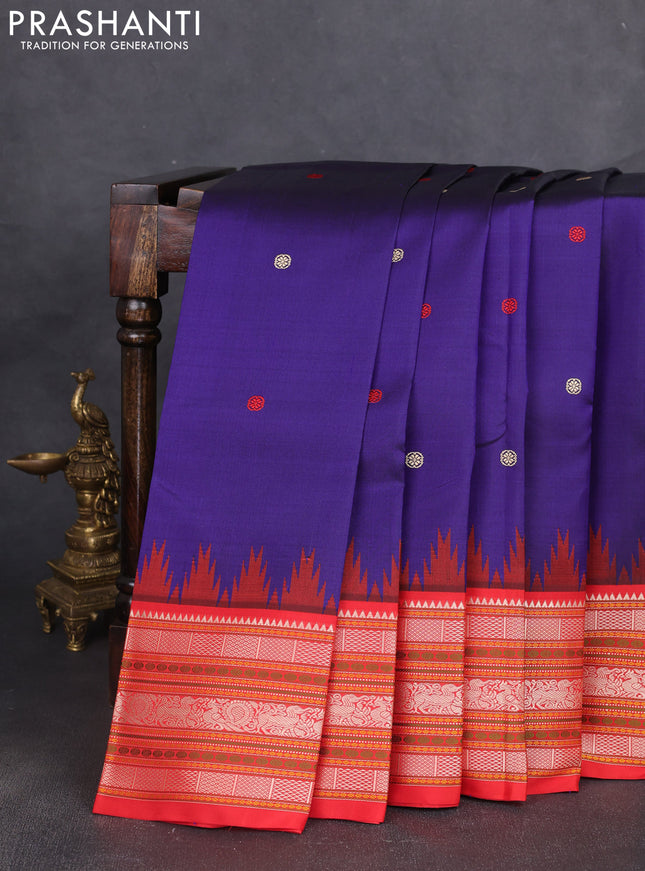 Pure kanchipuram silk saree blue and orange with thread woven buttas and long temple design thread woven border