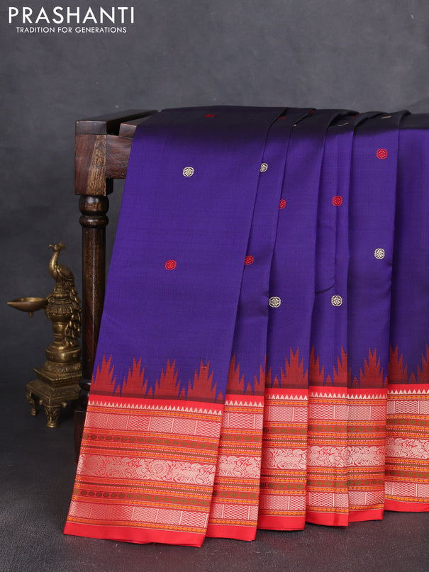 Pure kanchipuram silk saree blue and orange with thread woven buttas and long temple design thread woven border