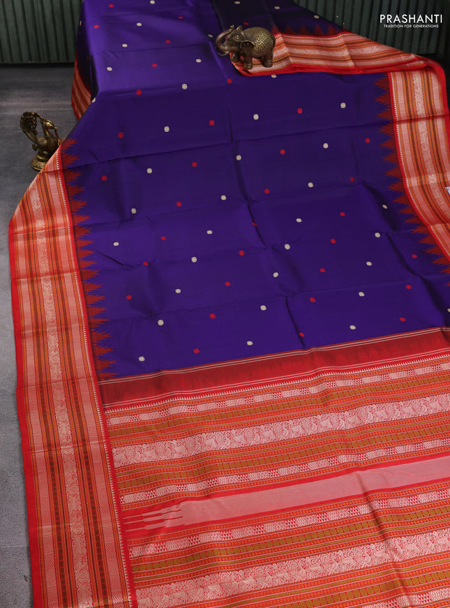 Pure kanchipuram silk saree blue and orange with thread woven buttas and long temple design thread woven border
