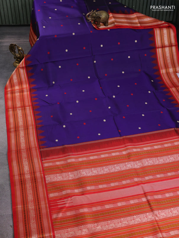 Pure kanchipuram silk saree blue and orange with thread woven buttas and long temple design thread woven border