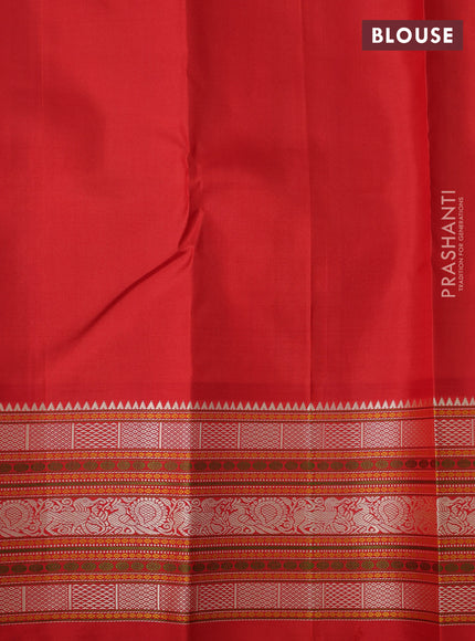 Pure kanchipuram silk saree blue and orange with thread woven buttas and long temple design thread woven border