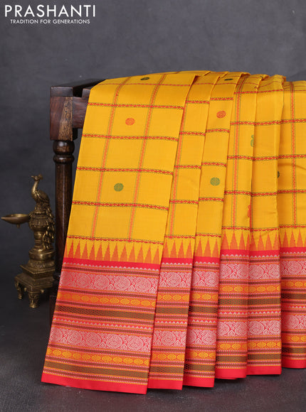 Pure kanchipuram silk saree yellow and red with allover thread woven checked pattern and long temple design thread woven border