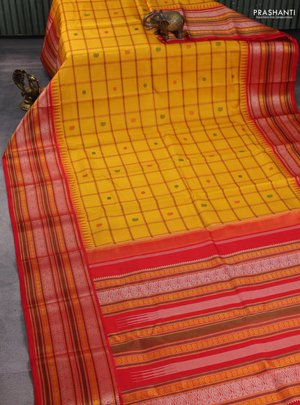 Pure kanchipuram silk saree yellow and red with allover thread woven checked pattern and long temple design thread woven border