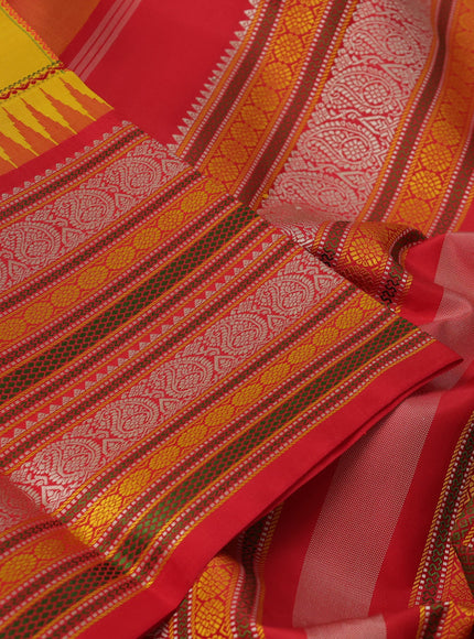 Pure kanchipuram silk saree yellow and red with allover thread woven checked pattern and long temple design thread woven border