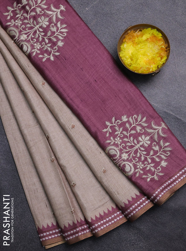 Art tussar saree beige and wine shade with embroidery buttas and temple design thread woven border