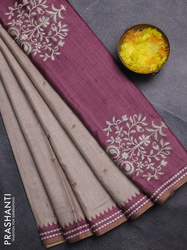 Art tussar saree beige and wine shade with embroidery buttas and temple design thread woven border