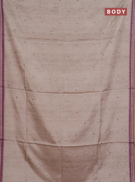 Art tussar saree beige and wine shade with embroidery buttas and temple design thread woven border