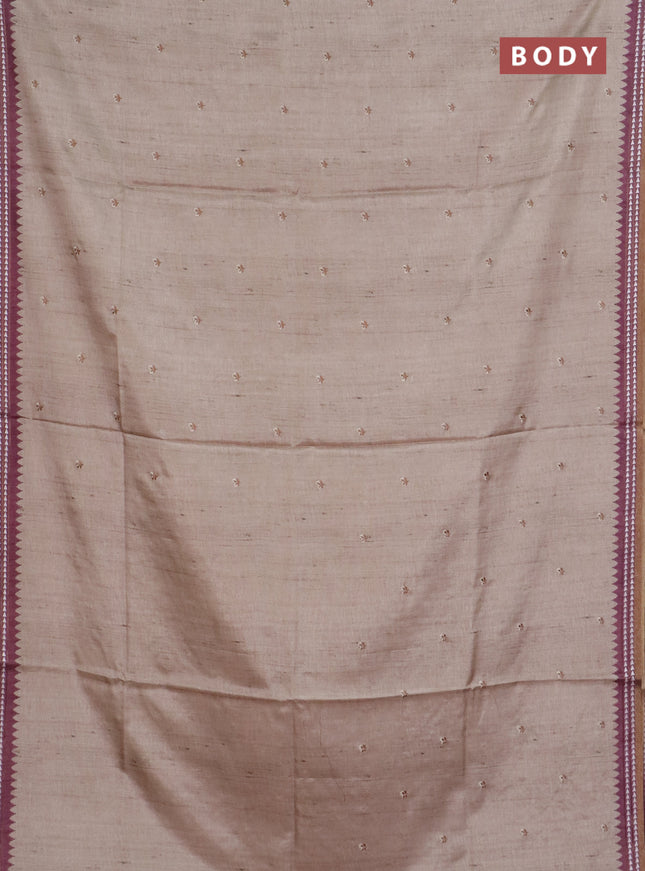 Art tussar saree beige and wine shade with embroidery buttas and temple design thread woven border
