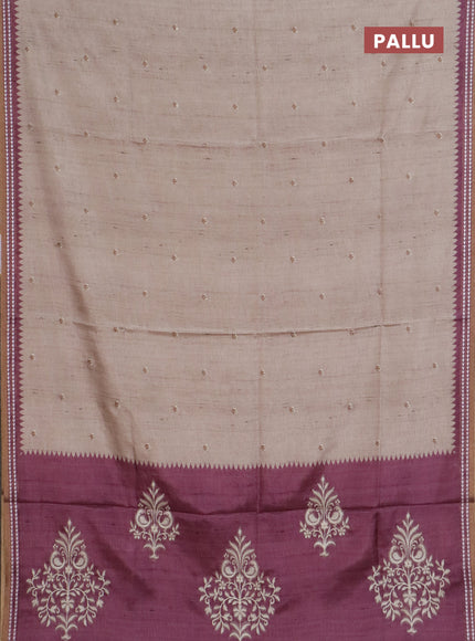 Art tussar saree beige and wine shade with embroidery buttas and temple design thread woven border