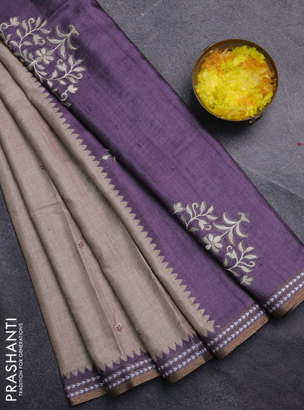 Art tussar saree beige and pastel purple with embroidery buttas and temple design thread woven border