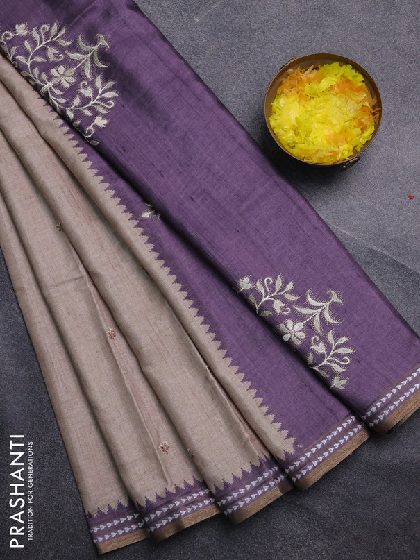 Art tussar saree beige and pastel purple with embroidery buttas and temple design thread woven border