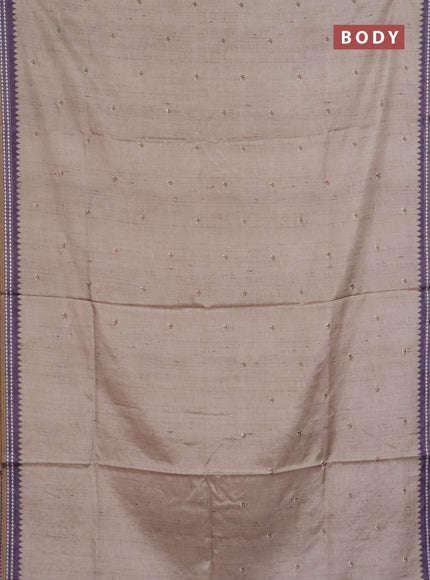 Art tussar saree beige and pastel purple with embroidery buttas and temple design thread woven border