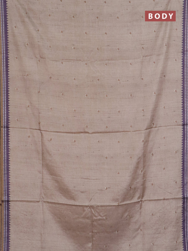 Art tussar saree beige and pastel purple with embroidery buttas and temple design thread woven border
