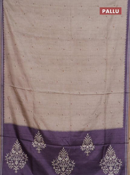 Art tussar saree beige and pastel purple with embroidery buttas and temple design thread woven border