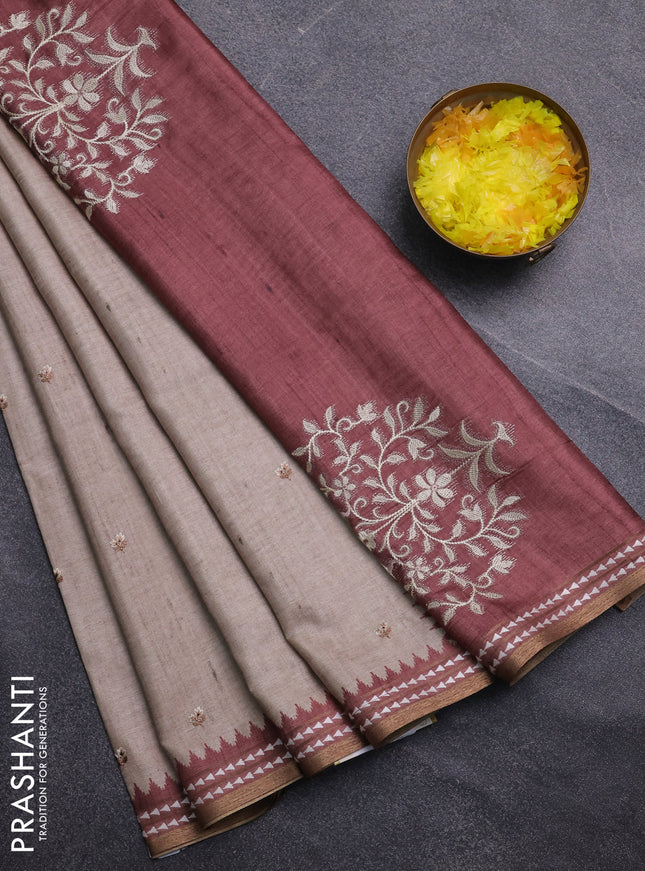 Art tussar saree beige and pastel maroon with embroidery buttas and temple design thread woven border