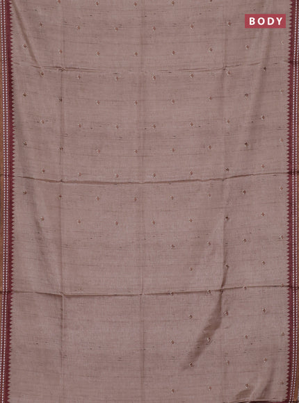 Art tussar saree beige and pastel maroon with embroidery buttas and temple design thread woven border