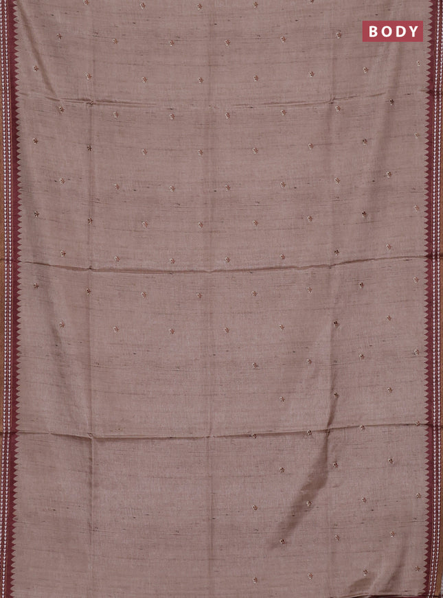Art tussar saree beige and pastel maroon with embroidery buttas and temple design thread woven border