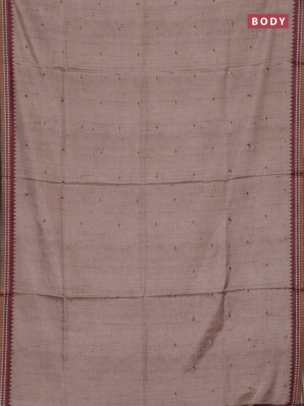 Art tussar saree beige and pastel maroon with embroidery buttas and temple design thread woven border