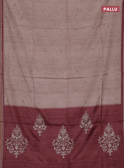 Art tussar saree beige and pastel maroon with embroidery buttas and temple design thread woven border