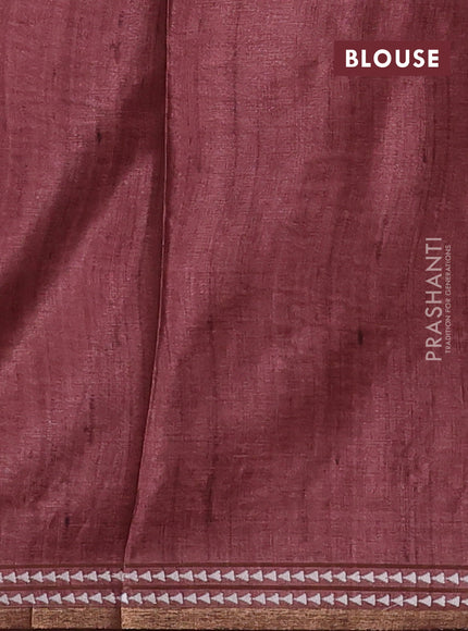 Art tussar saree beige and pastel maroon with embroidery buttas and temple design thread woven border