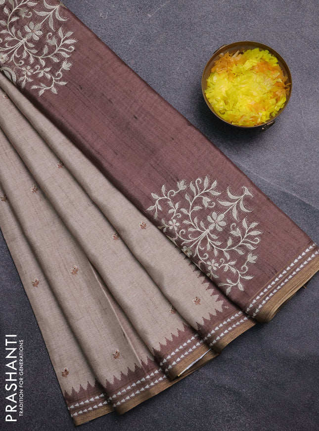Art tussar saree beige and brown with embroidery buttas and temple design thread woven border