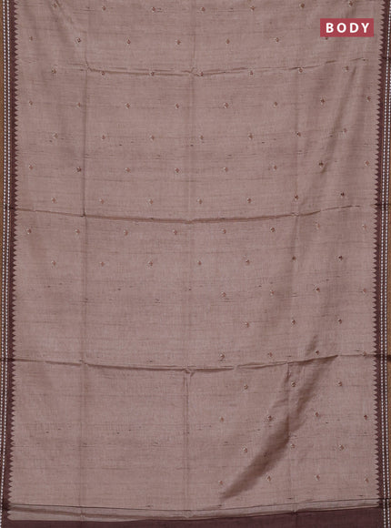 Art tussar saree beige and brown with embroidery buttas and temple design thread woven border