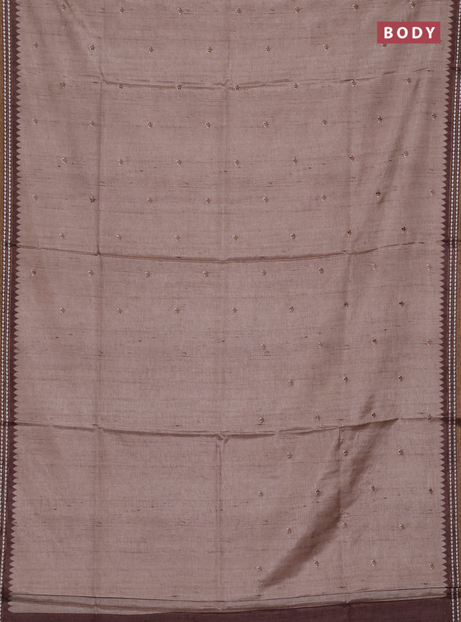 Art tussar saree beige and brown with embroidery buttas and temple design thread woven border