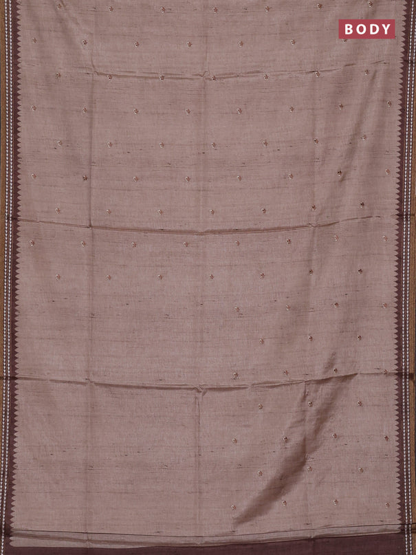 Art tussar saree beige and brown with embroidery buttas and temple design thread woven border